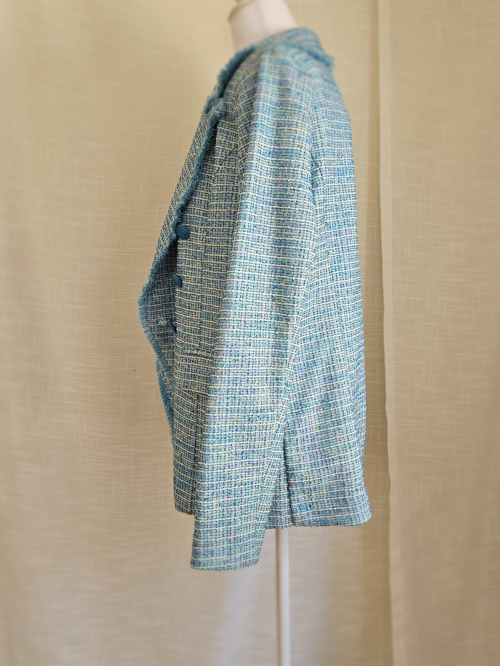 Belle by Kim Gravel Blue Tweed Double-Breasted Blazer Raw Hem Fringe S - Picture 7 of 16